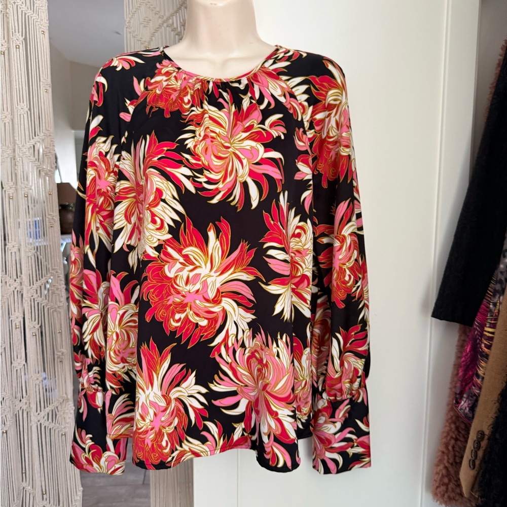 Ann Taylor Black Floral Bow-Tie Blouse with Pink & Orange Flowers - Picture 7 of 9